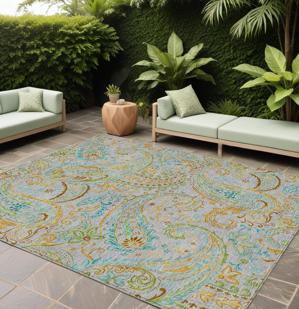 8' X 10' Gray and Gold Paisley Washable Non Skid Indoor Outdoor Area Rug