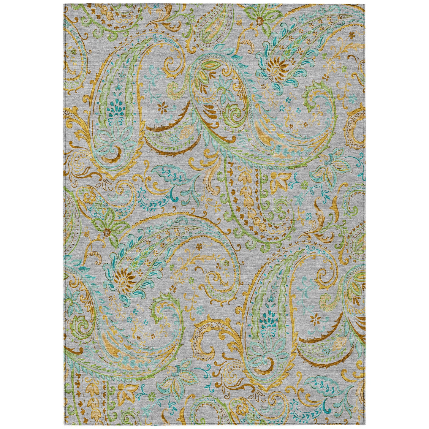 8' X 10' Gray and Gold Paisley Washable Non Skid Indoor Outdoor Area Rug