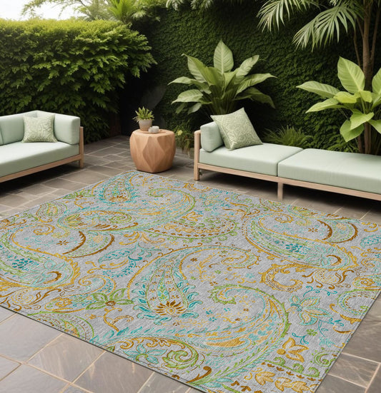 9' X 12' Gray and Gold Paisley Washable Non Skid Indoor Outdoor Area Rug