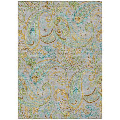 9' X 12' Gray and Gold Paisley Washable Non Skid Indoor Outdoor Area Rug