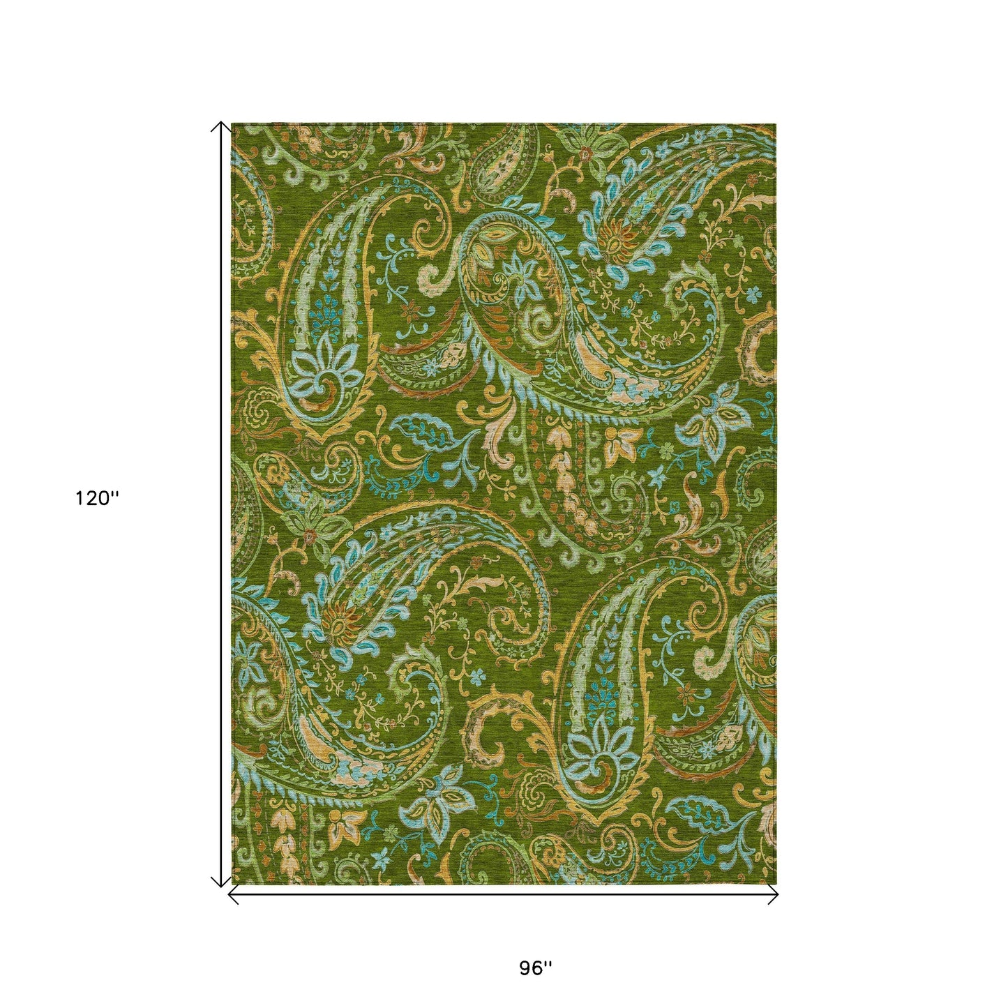 8' X 10' Green Paisley Washable Non Skid Indoor Outdoor Area Rug