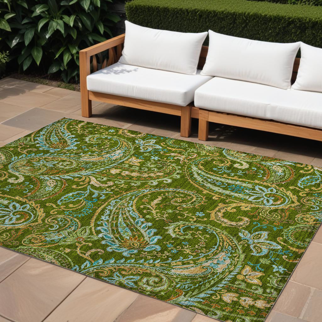 8' X 10' Green Paisley Washable Non Skid Indoor Outdoor Area Rug