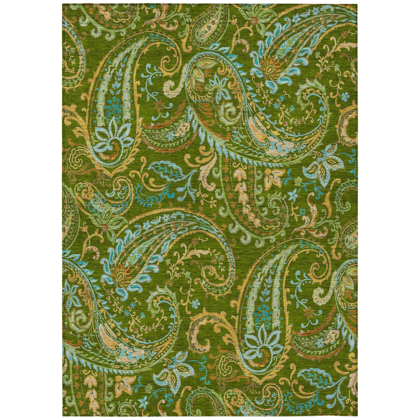 8' X 10' Green Paisley Washable Non Skid Indoor Outdoor Area Rug