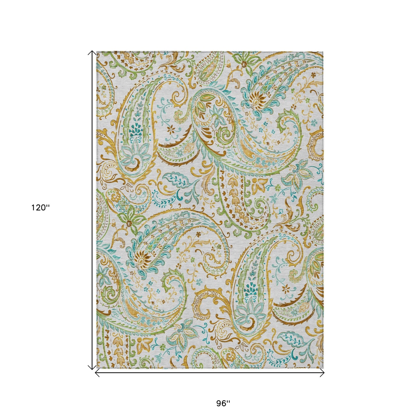 8' X 10' Ivory and Gold Paisley Washable Non Skid Indoor Outdoor Area Rug