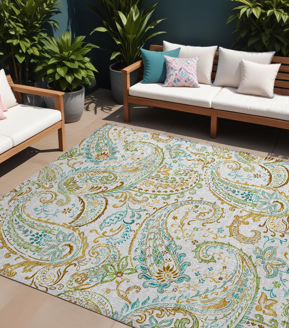 8' X 10' Ivory and Gold Paisley Washable Non Skid Indoor Outdoor Area Rug