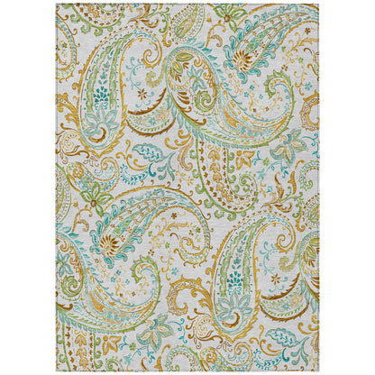 8' X 10' Ivory and Gold Paisley Washable Non Skid Indoor Outdoor Area Rug