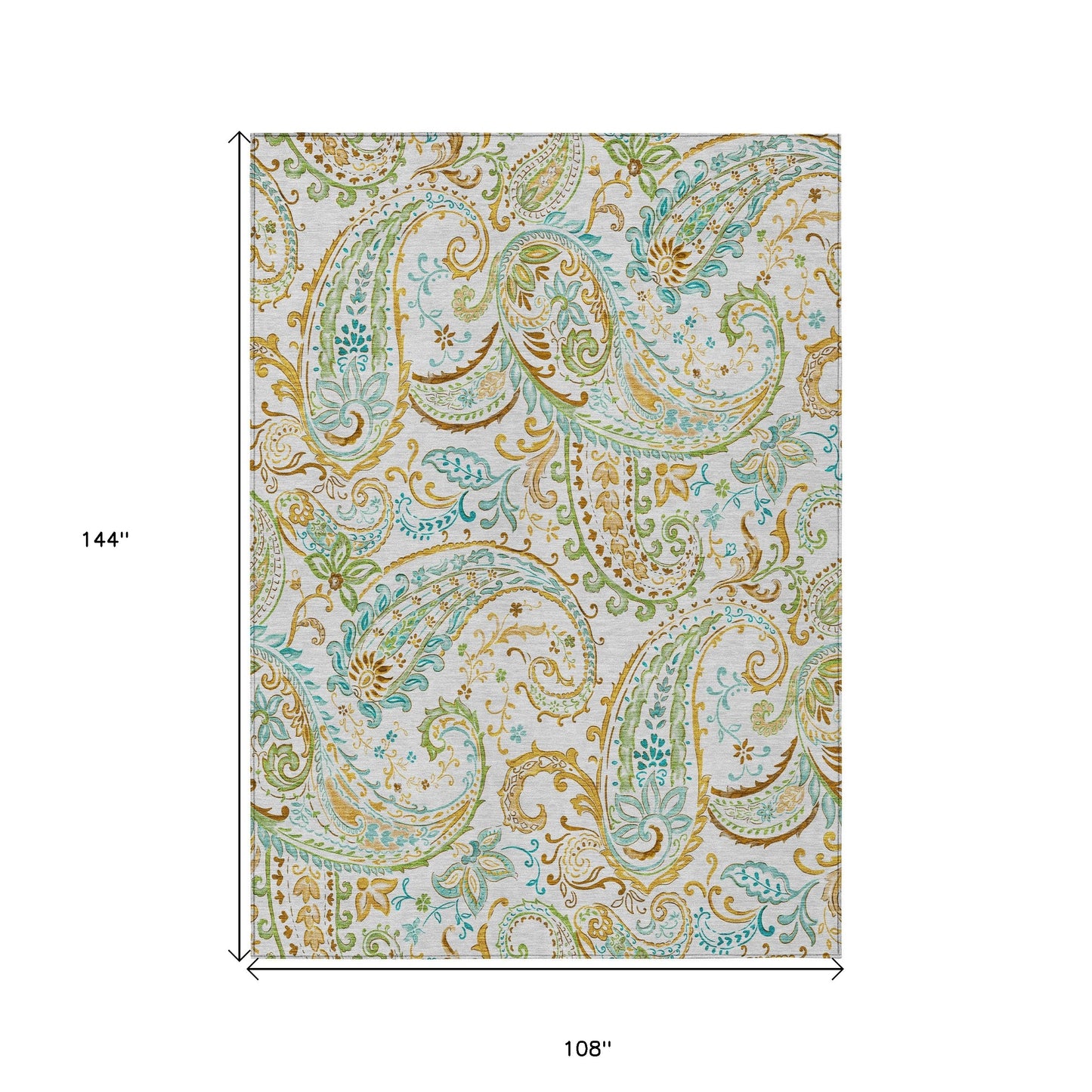 9' X 12' Ivory and Gold Paisley Washable Non Skid Indoor Outdoor Area Rug