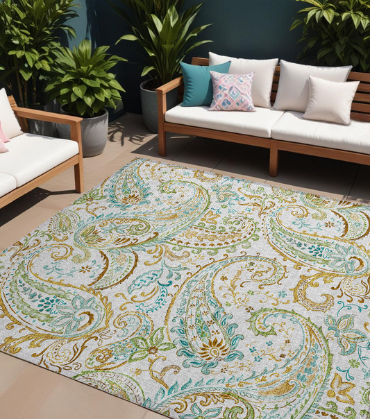 9' X 12' Ivory and Gold Paisley Washable Non Skid Indoor Outdoor Area Rug