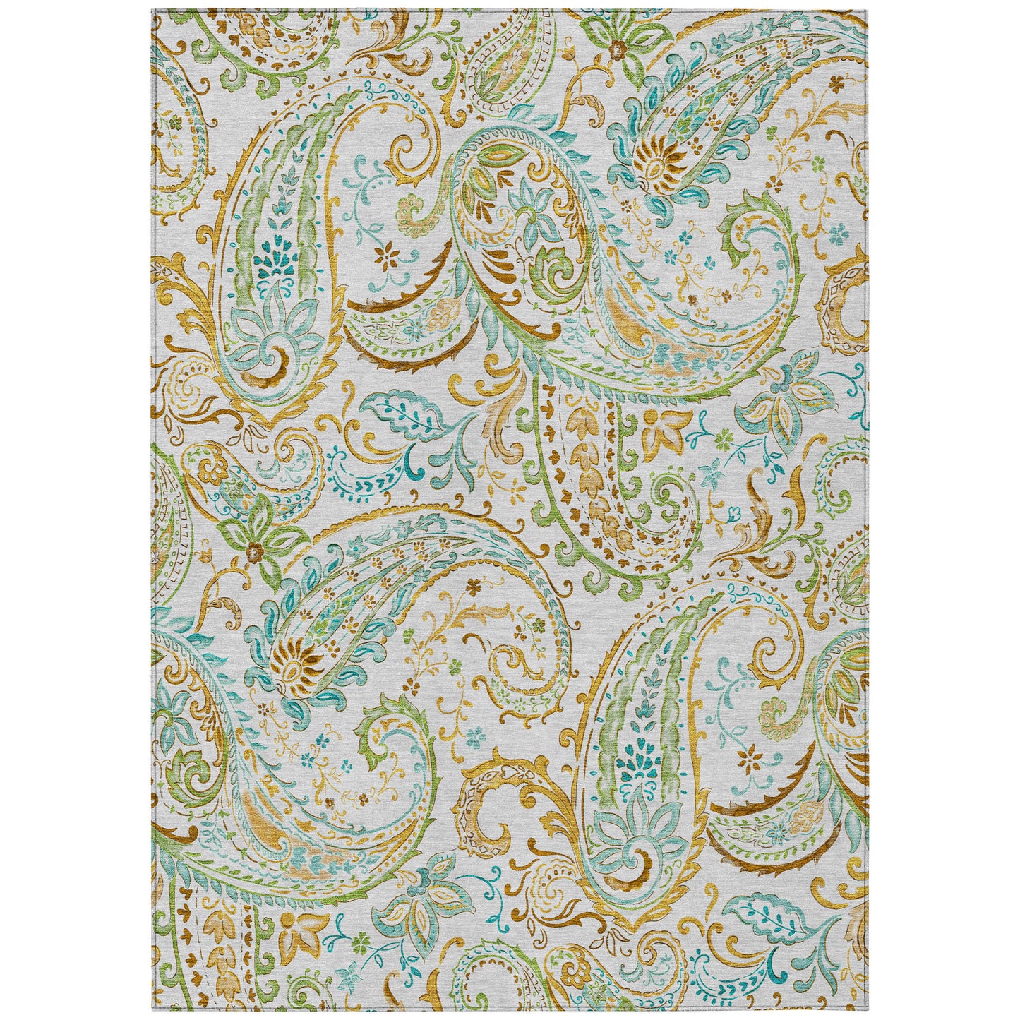 9' X 12' Ivory and Gold Paisley Washable Non Skid Indoor Outdoor Area Rug