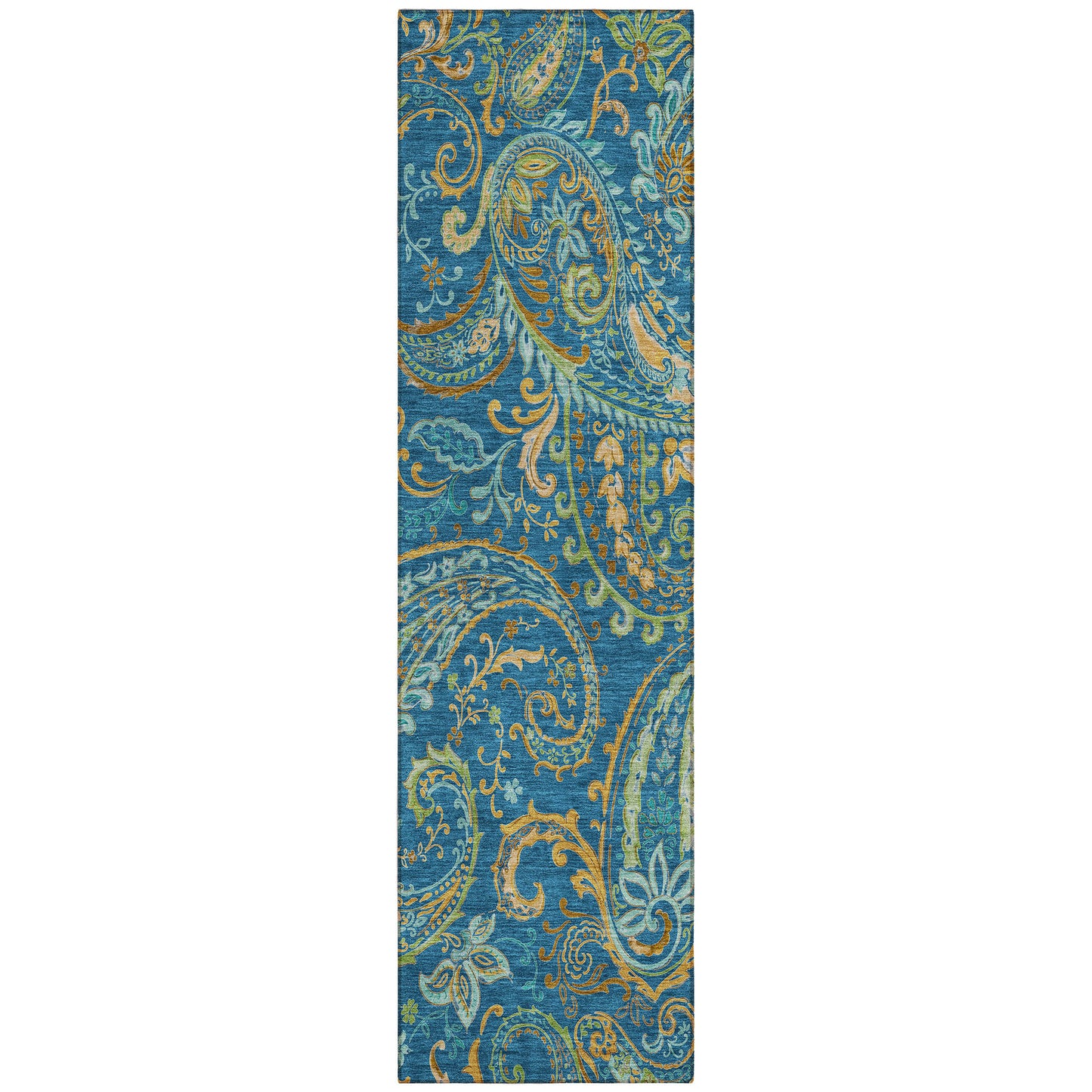 8' Runner Navy Blue Paisley Washable Non Skid Indoor Outdoor Runner Rug