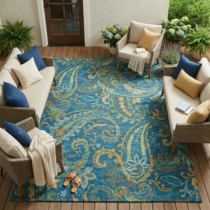 8' X 10' Navy Blue Paisley Washable Non Skid Indoor Outdoor Area Rug HomeRoots