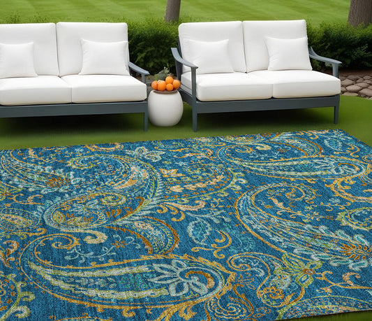 8' X 10' Navy Blue Paisley Washable Non Skid Indoor Outdoor Area Rug