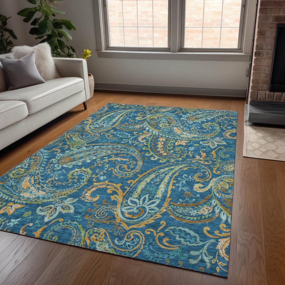 8' X 10' Navy Blue Paisley Washable Non Skid Indoor Outdoor Area Rug HomeRoots