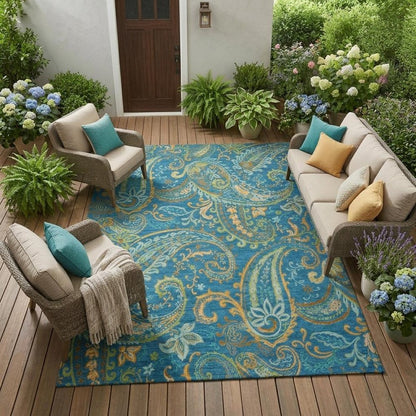 9' X 12' Navy Blue Paisley Washable Non Skid Indoor Outdoor Area Rug HomeRoots