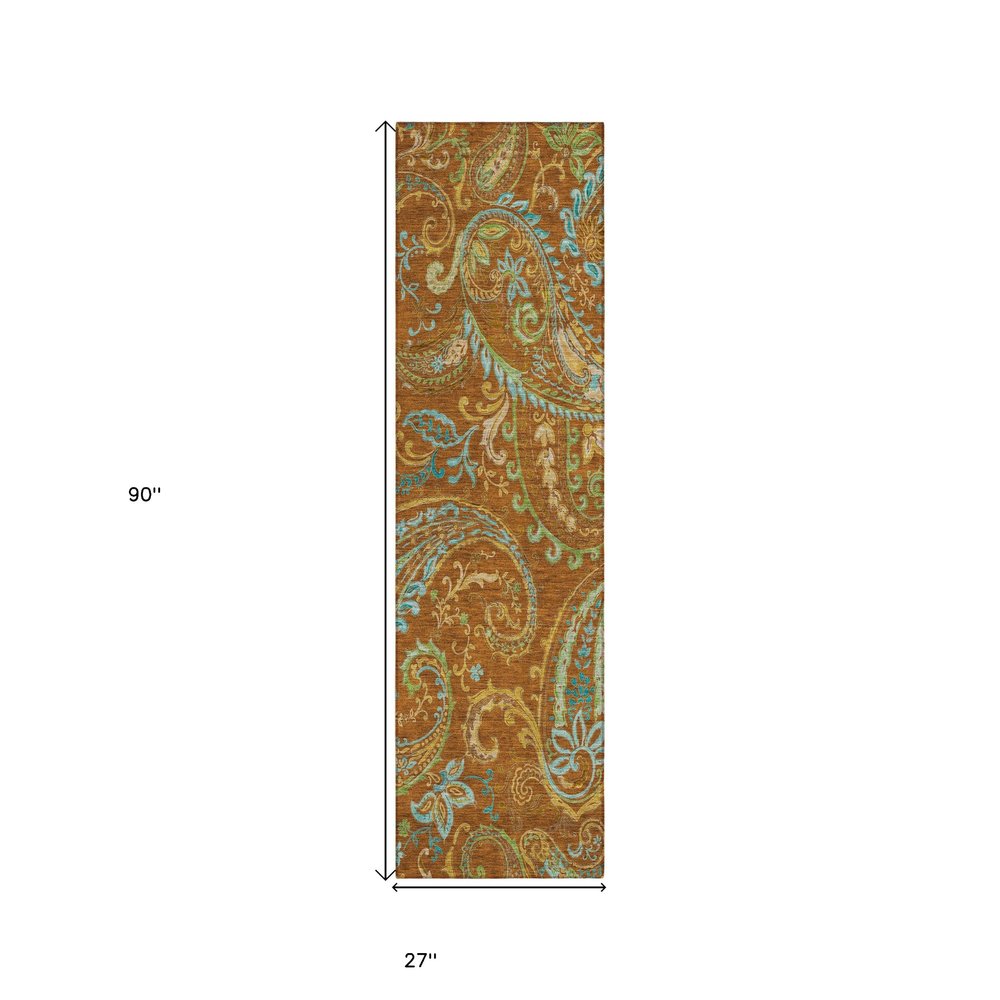 8' Runner Orange Paisley Washable Non Skid Indoor Outdoor Runner Rug — view 7