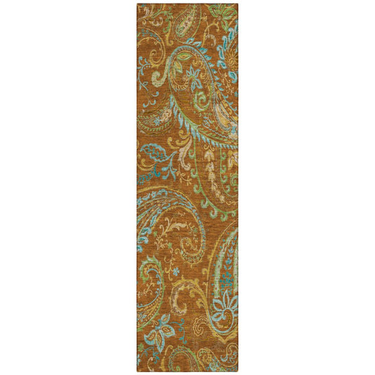 8' Runner Orange Paisley Washable Non Skid Indoor Outdoor Runner Rug