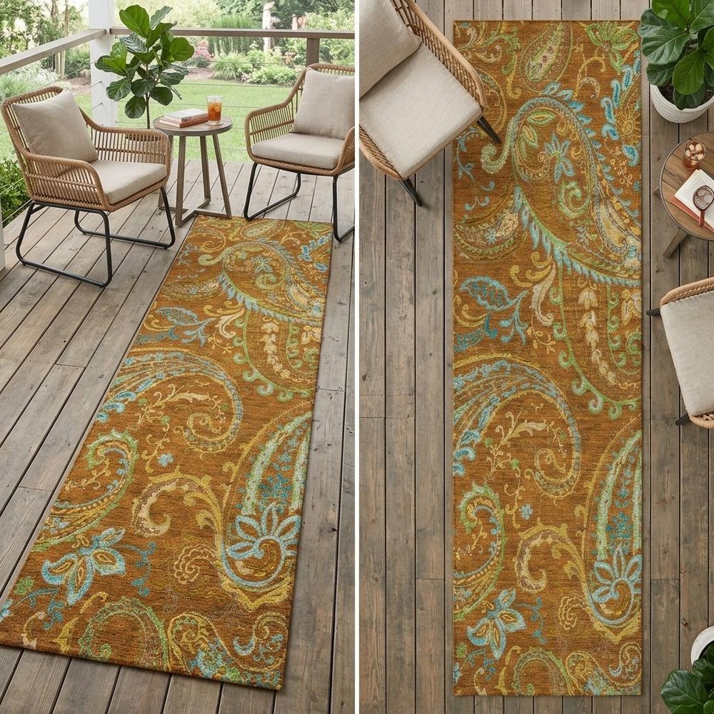 8' Runner Orange Paisley Washable Non Skid Indoor Outdoor Runner Rug HomeRoots