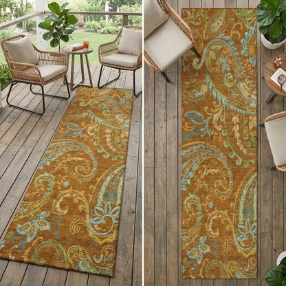 8' Runner Orange Paisley Washable Non Skid Indoor Outdoor Runner Rug HomeRoots