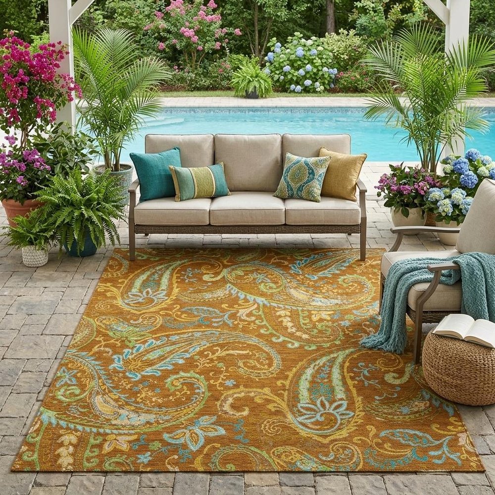 5' X 8' Orange Paisley Washable Non Skid Indoor Outdoor Area Rug HomeRoots