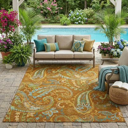 5' X 8' Orange Paisley Washable Non Skid Indoor Outdoor Area Rug HomeRoots