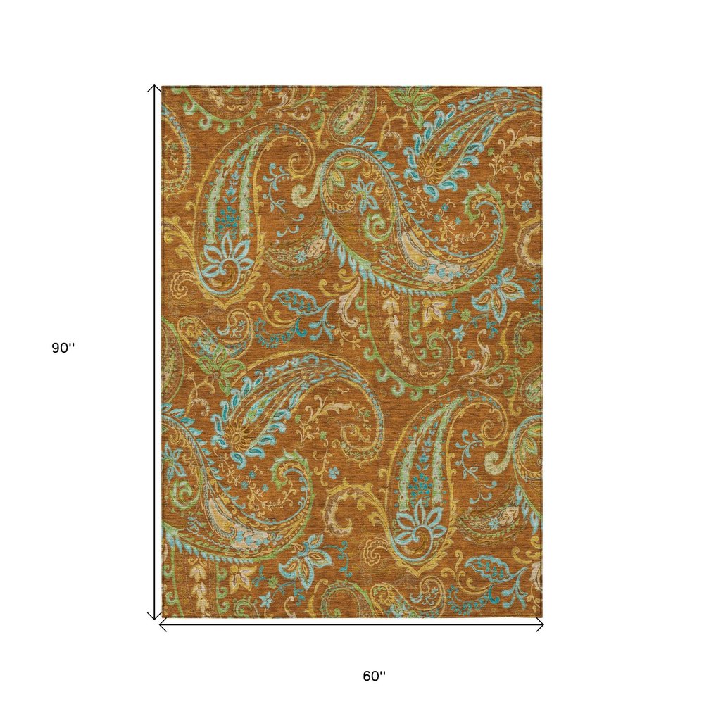5' X 8' Orange Paisley Washable Non Skid Indoor Outdoor Area Rug — view 7