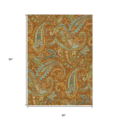 5' X 8' Orange Paisley Washable Non Skid Indoor Outdoor Area Rug HomeRoots