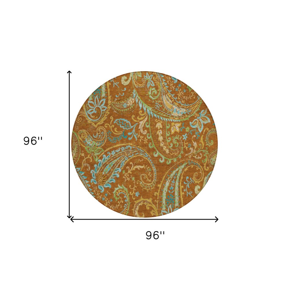 8' Round Orange Round Paisley Washable Non Skid Indoor Outdoor Area Rug — view 8