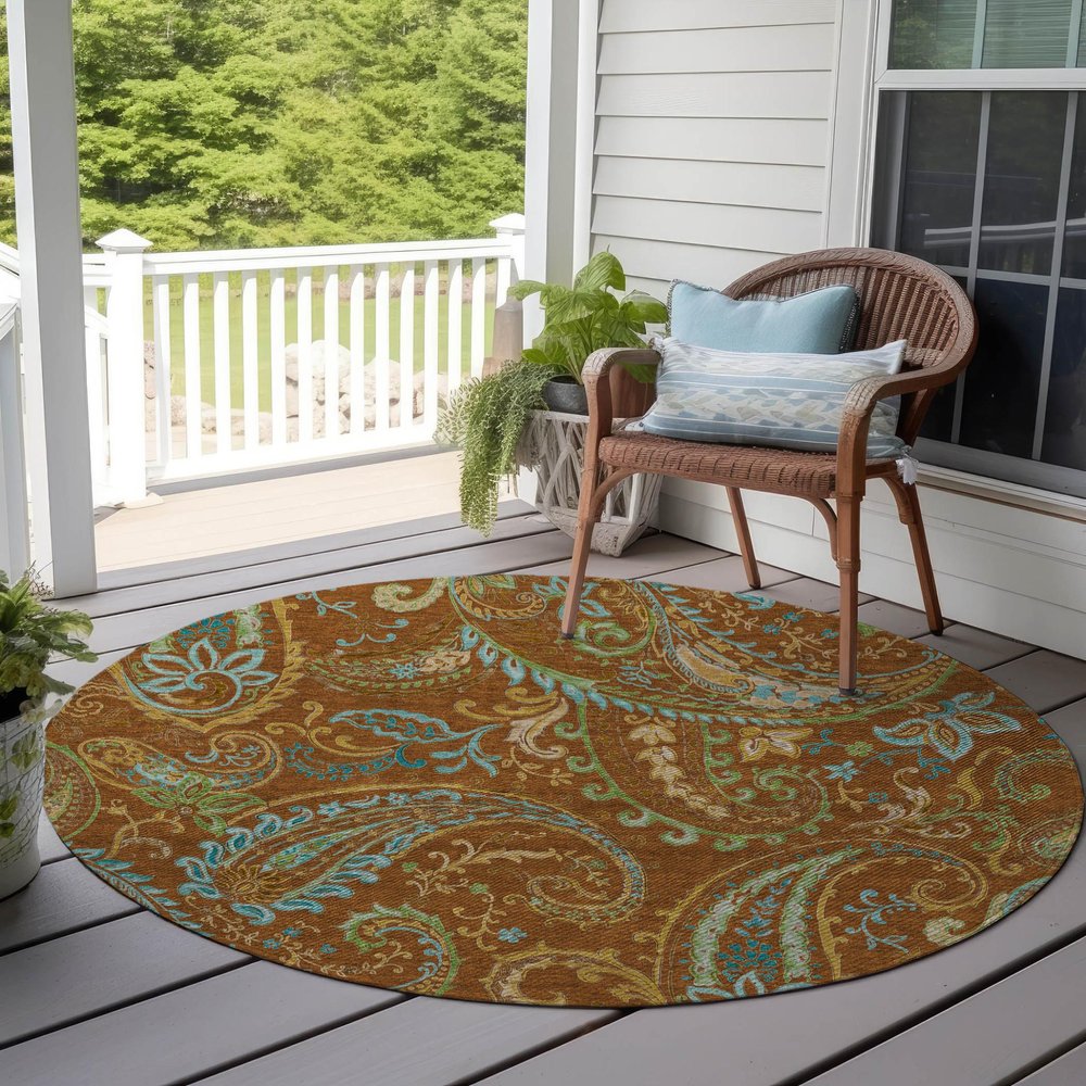 8' Round Orange Round Paisley Washable Non Skid Indoor Outdoor Area Rug HomeRoots
