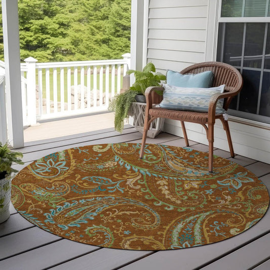 8' Round Orange Round Paisley Washable Non Skid Indoor Outdoor Area Rug