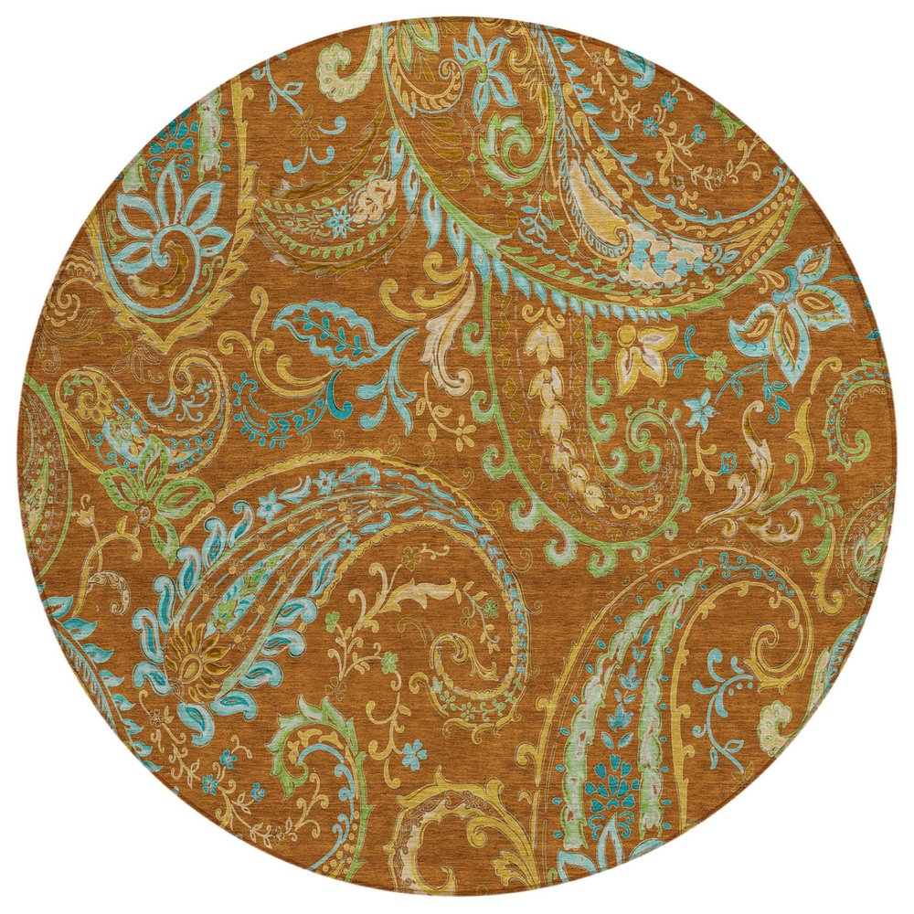 8' Round Orange Round Paisley Washable Non Skid Indoor Outdoor Area Rug HomeRoots