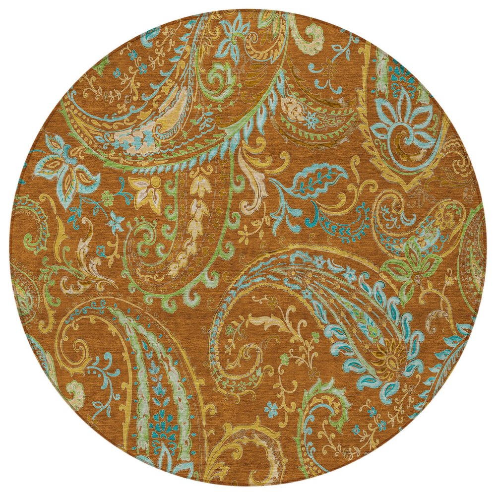 8' Round Orange Round Paisley Washable Non Skid Indoor Outdoor Area Rug — view 7