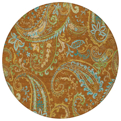 8' Round Orange Round Paisley Washable Non Skid Indoor Outdoor Area Rug HomeRoots