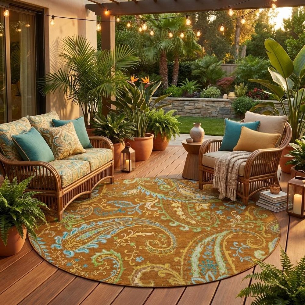 8' Round Orange Round Paisley Washable Non Skid Indoor Outdoor Area Rug — view 9