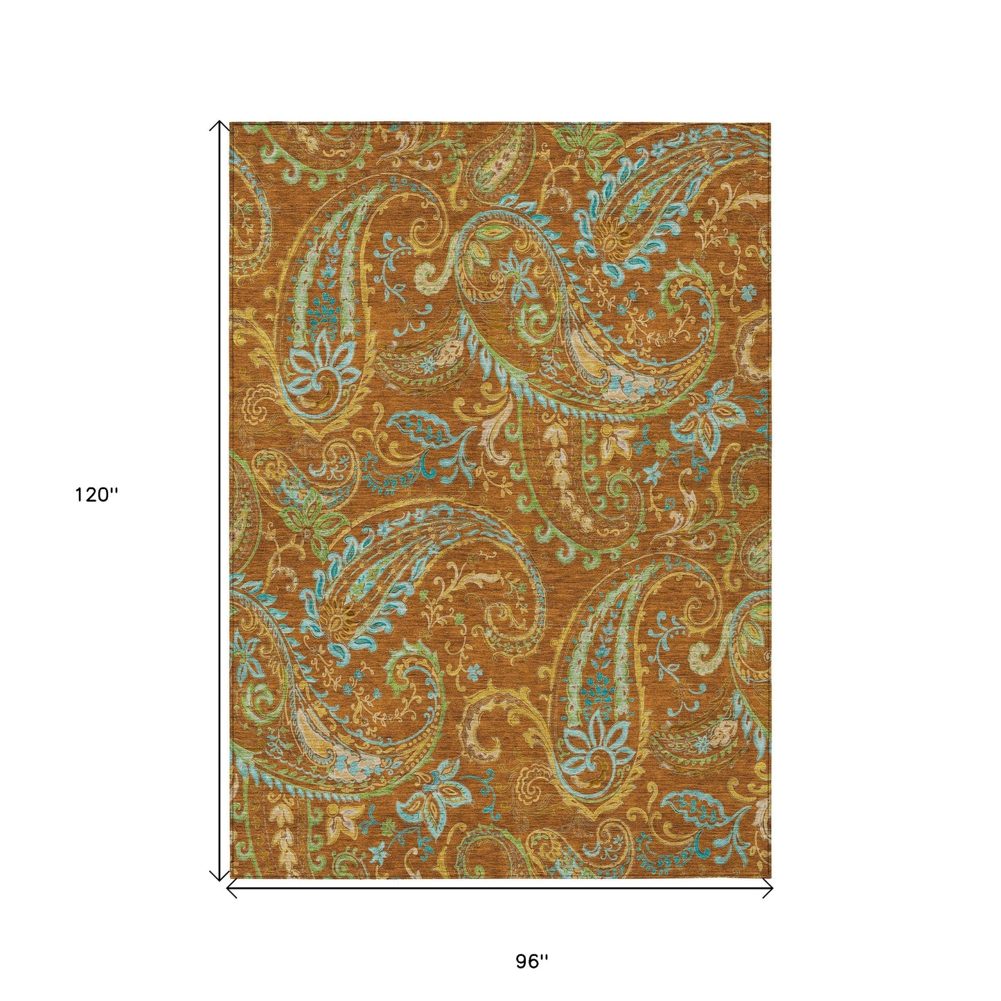 8' X 10' Orange Paisley Washable Non Skid Indoor Outdoor Area Rug