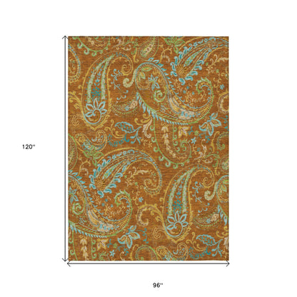 8' X 10' Orange Paisley Washable Non Skid Indoor Outdoor Area Rug