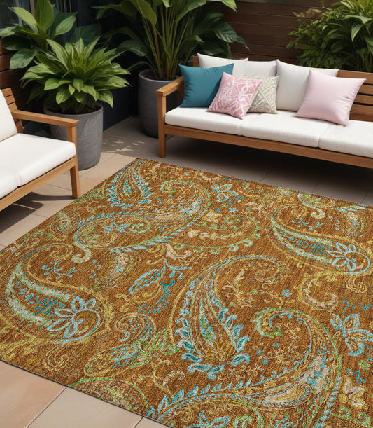 8' X 10' Orange Paisley Washable Non Skid Indoor Outdoor Area Rug