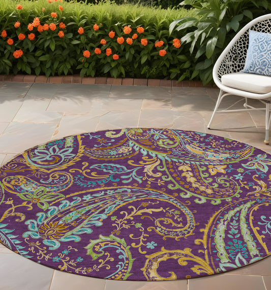 8' X 8' Purple Turquoise and Gold Round Paisley Washable Non Skid Indoor Outdoor Area Rug