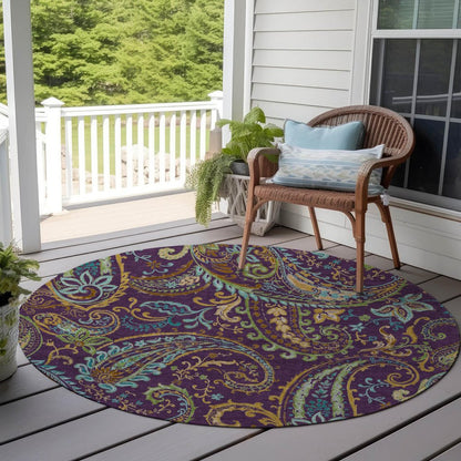 8' X 8' Purple Turquoise and Gold Round Paisley Washable Non Skid Indoor Outdoor Area Rug