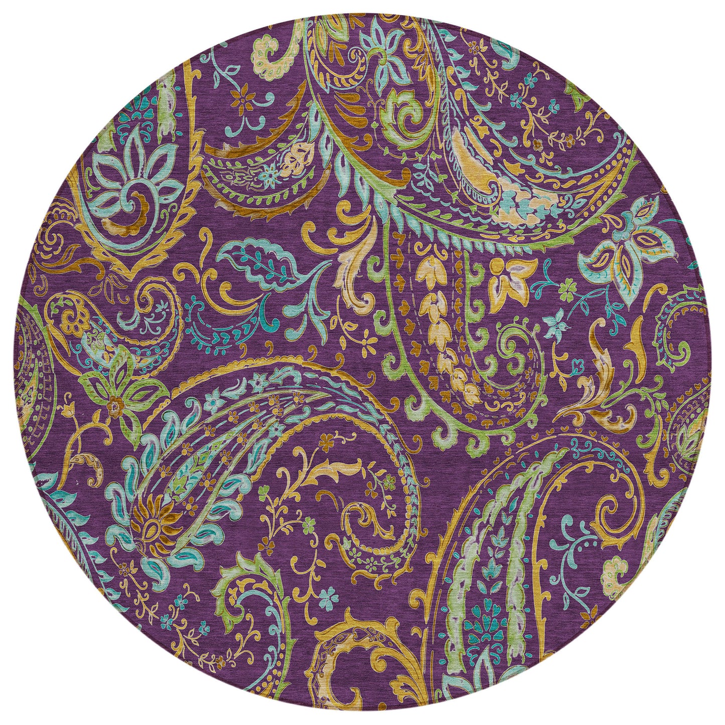 8' X 8' Purple Turquoise and Gold Round Paisley Washable Non Skid Indoor Outdoor Area Rug