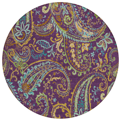 8' X 8' Purple Turquoise and Gold Round Paisley Washable Non Skid Indoor Outdoor Area Rug