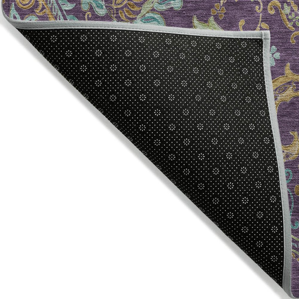 8' X 8' Purple Turquoise and Gold Round Paisley Washable Non Skid Indoor Outdoor Area Rug