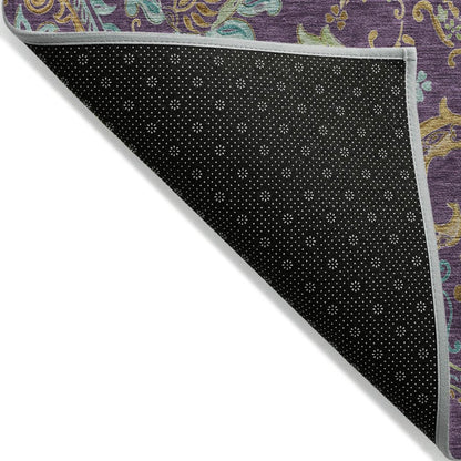 8' X 8' Purple Turquoise and Gold Round Paisley Washable Non Skid Indoor Outdoor Area Rug