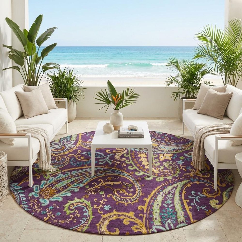 8' X 8' Purple Turquoise and Gold Round Paisley Washable Non Skid Indoor Outdoor Area Rug — view 7