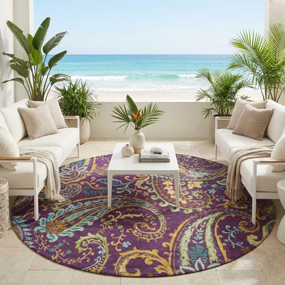 8' X 8' Purple Turquoise and Gold Round Paisley Washable Non Skid Indoor Outdoor Area Rug