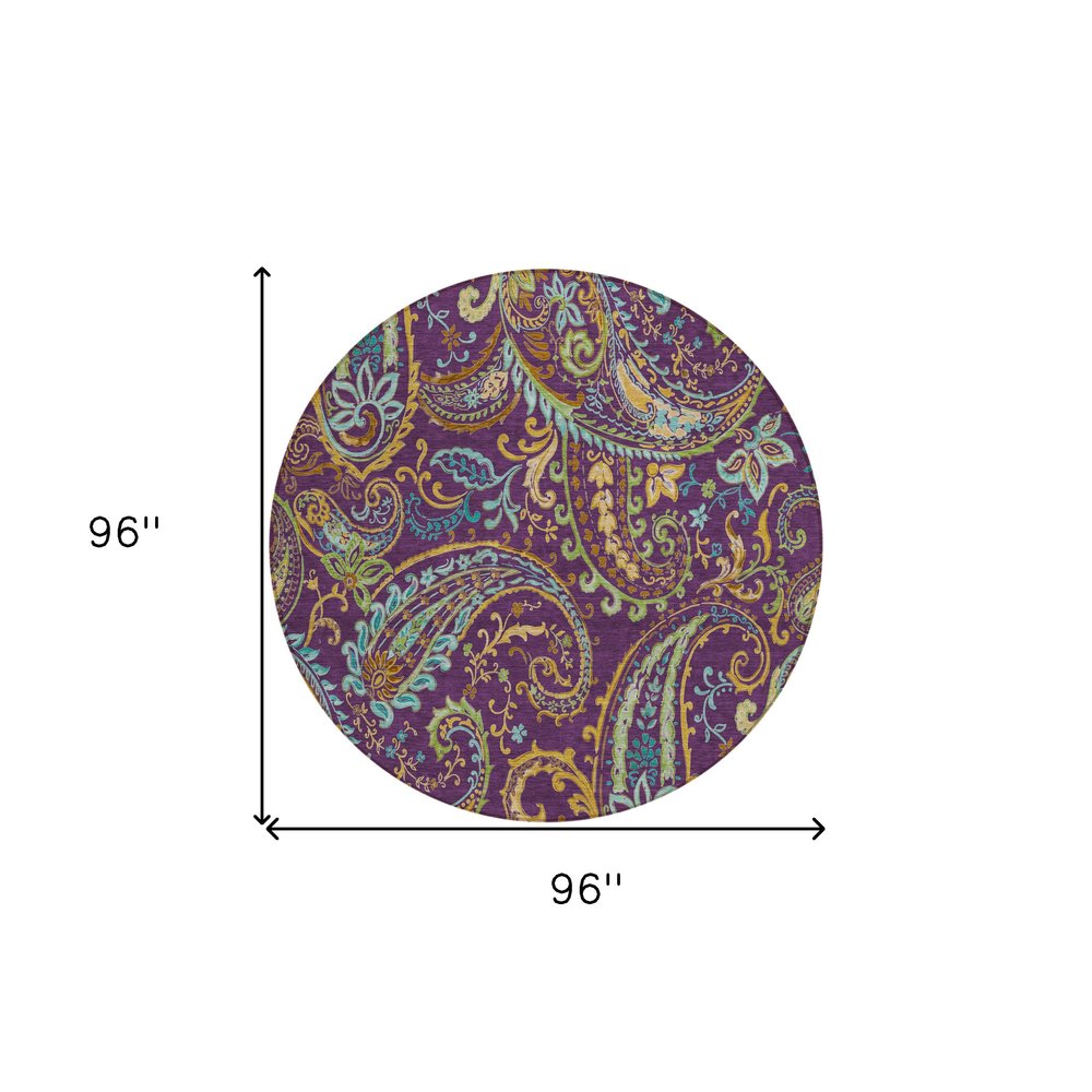 8' X 8' Purple Turquoise and Gold Round Paisley Washable Non Skid Indoor Outdoor Area Rug — view 6