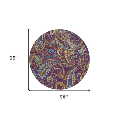 8' X 8' Purple Turquoise and Gold Round Paisley Washable Non Skid Indoor Outdoor Area Rug HomeRoots