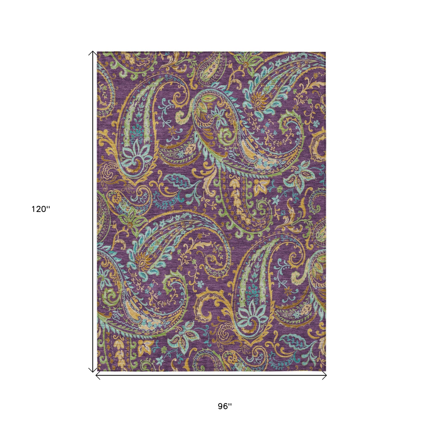 8' X 10' Purple Turquoise and Gold Paisley Washable Non Skid Indoor Outdoor Area Rug