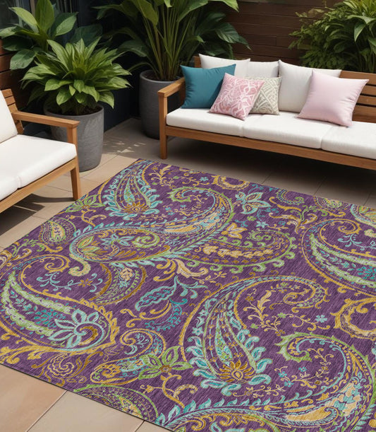 8' X 10' Purple Turquoise and Gold Paisley Washable Non Skid Indoor Outdoor Area Rug