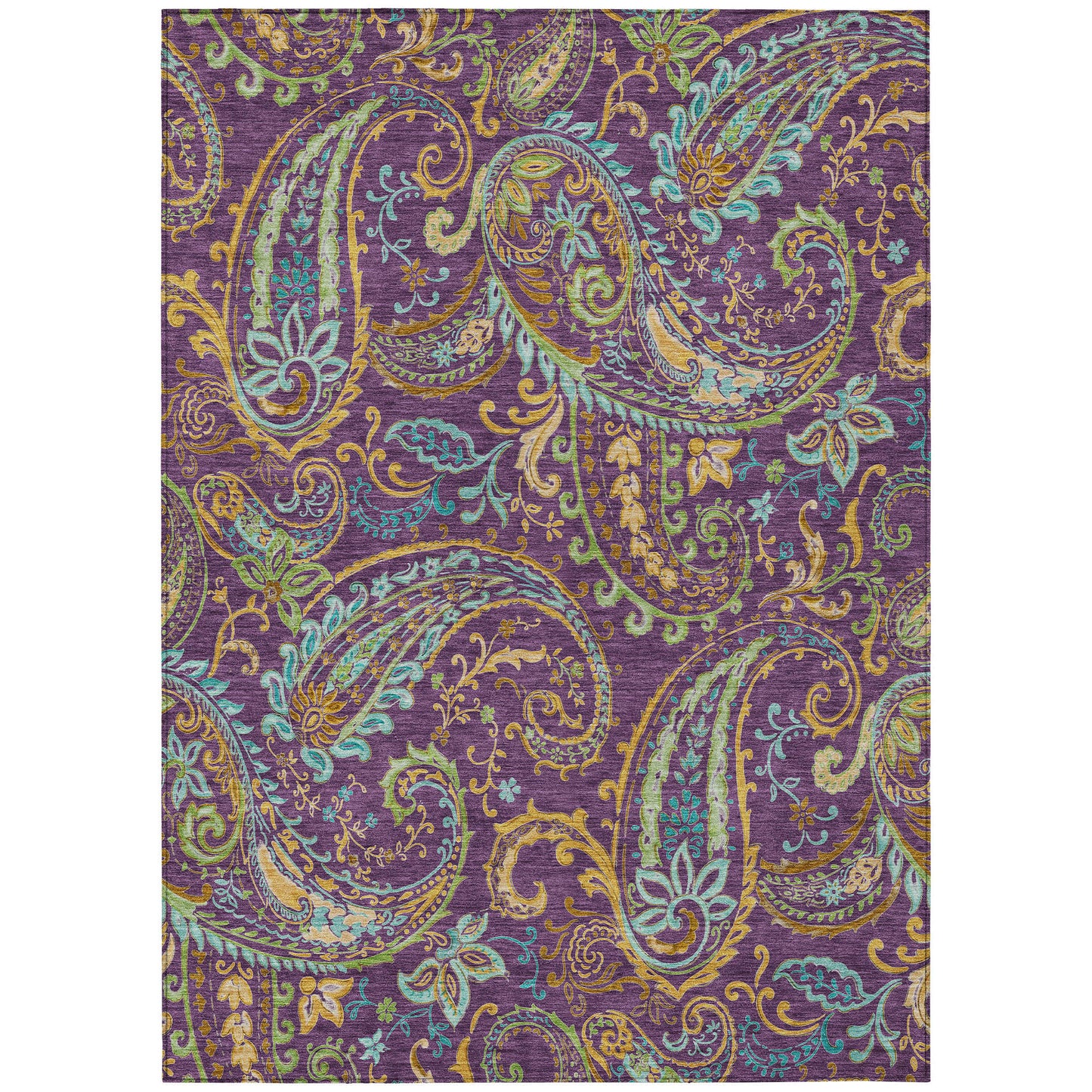 8' X 10' Purple Turquoise and Gold Paisley Washable Non Skid Indoor Outdoor Area Rug