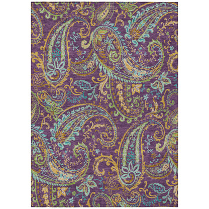 8' X 10' Purple Turquoise and Gold Paisley Washable Non Skid Indoor Outdoor Area Rug